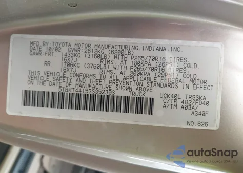 2003 Toyota Tundra Sr5 V8 из США, поврежденный, VIN 5TBKT44153S352303